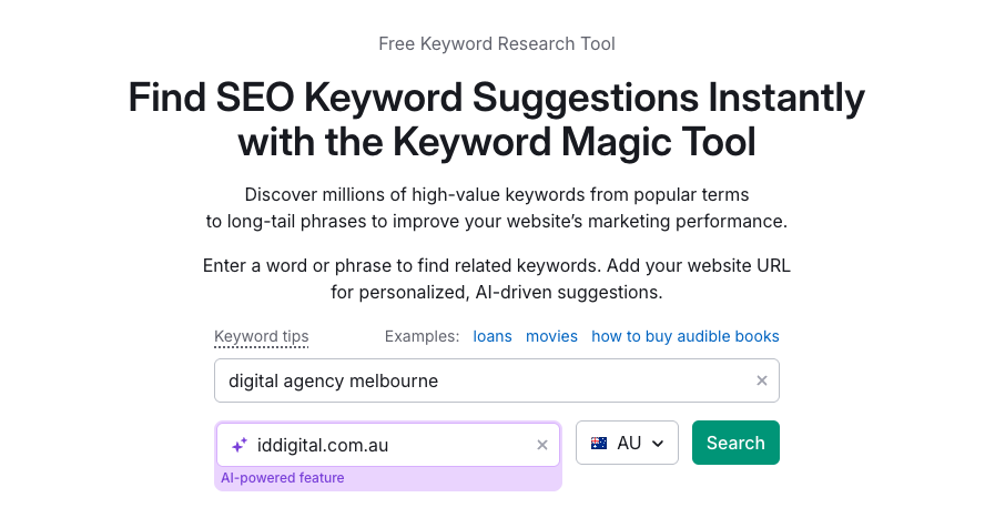 SEM Rush is free keyword magic tool showing Digital Agency Melbourne search query